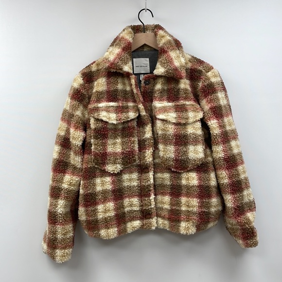NWOT Anthropologie Avec Les Filles Plaid Teddy Sherpa Crop Shacket Jacket Small - Picture 3 of 10